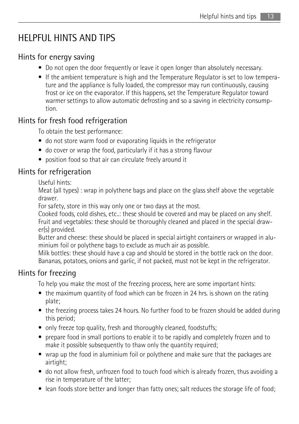 Helpful hints and tips, Hints for energy saving, Hints for fresh food refrigeration | Hints for refrigeration, Hints for freezing | AEG SCT71900S0 User Manual | Page 13 / 28