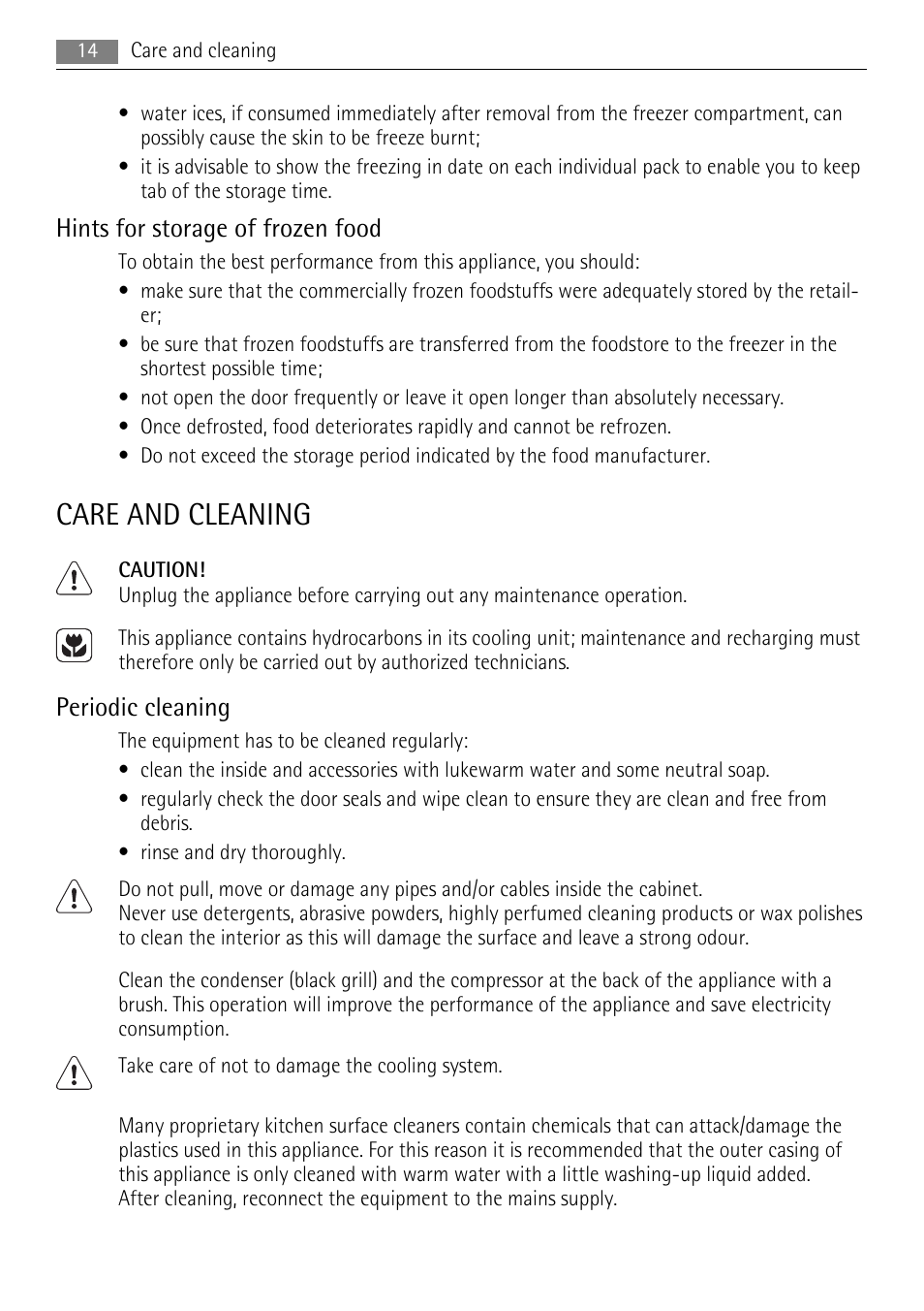 Care and cleaning, Hints for storage of frozen food, Periodic cleaning | AEG SCT71900S0 User Manual | Page 14 / 28