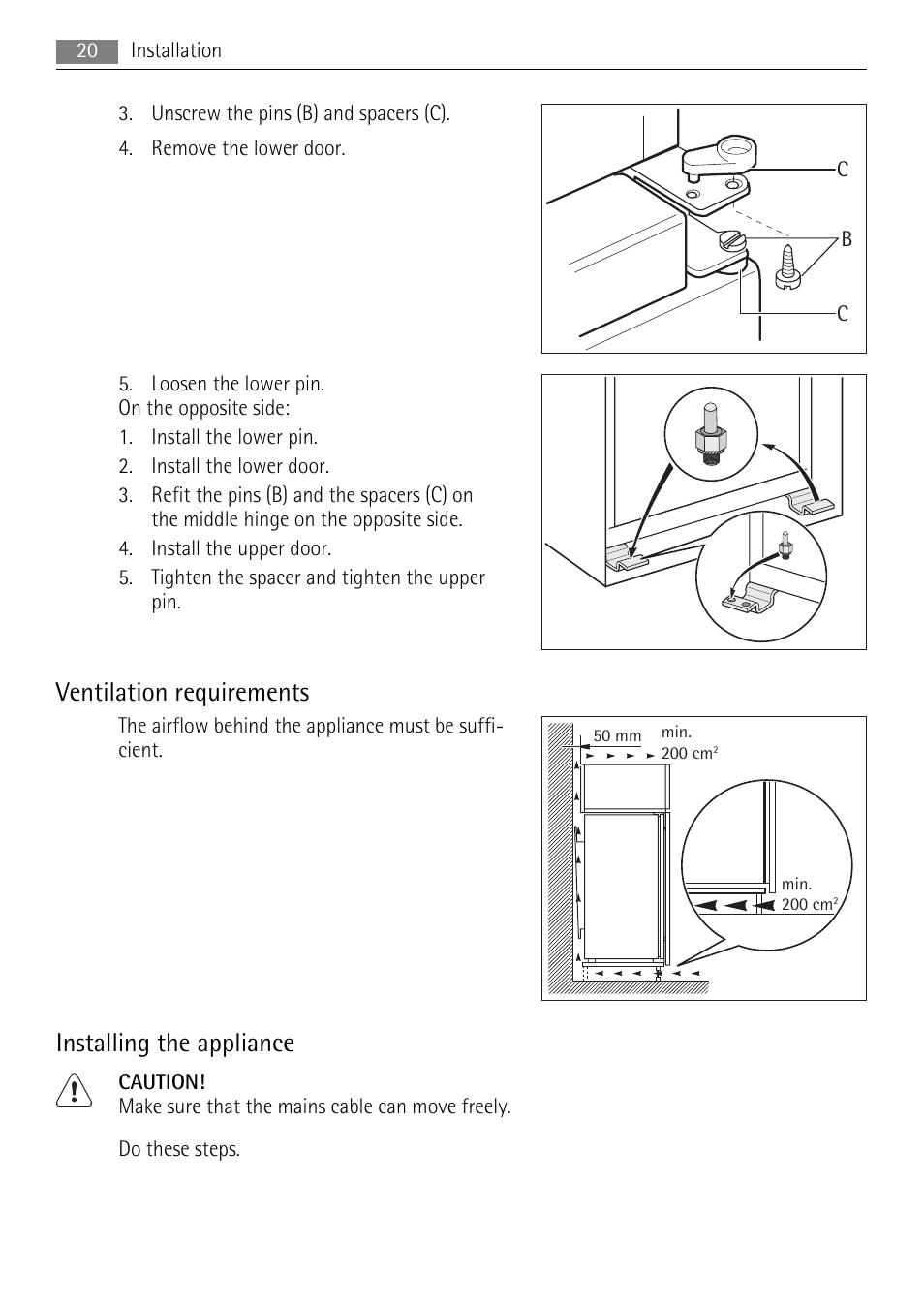 Ventilation requirements, Installing the appliance | AEG SCT71900S0 User Manual | Page 20 / 28