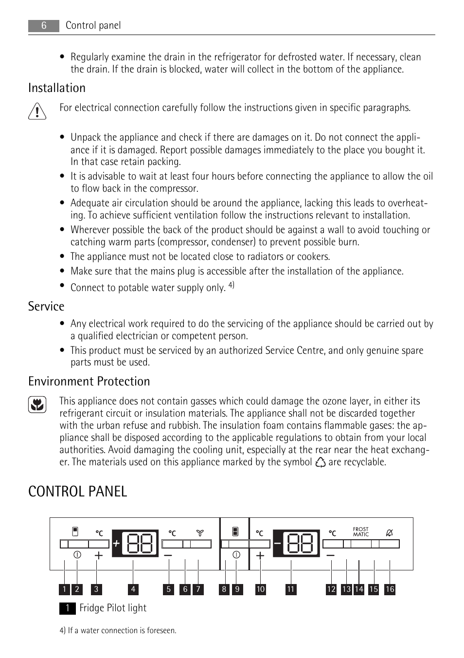 Control panel, Installation, Service | Environment protection | AEG SCT71900S0 User Manual | Page 6 / 28