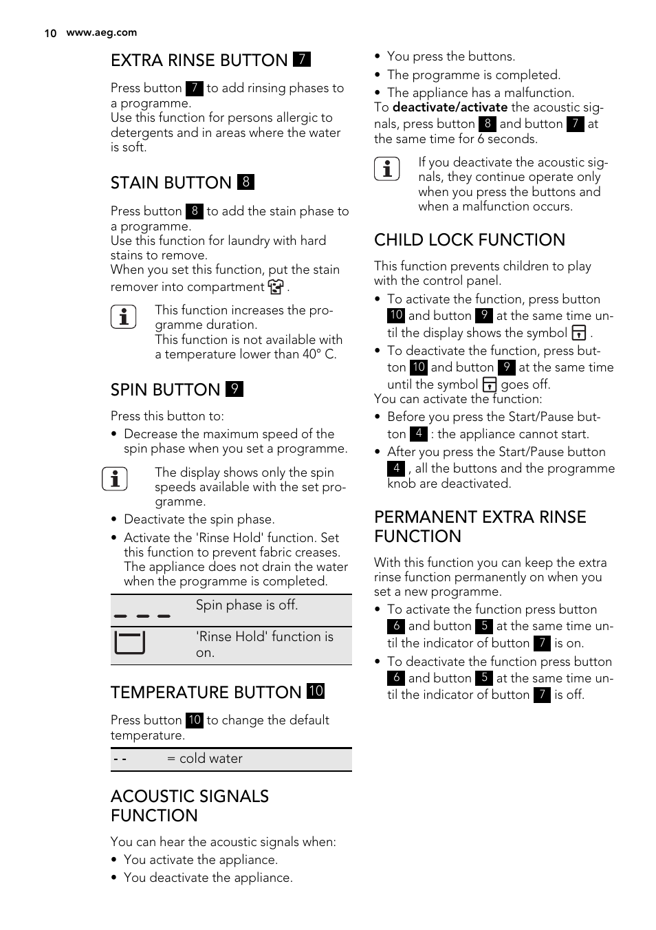 Extra rinse button, Stain button, Spin button | Temperature button, Acoustic signals function, Child lock function, Permanent extra rinse function | AEG L 75280 FLP User Manual | Page 10 / 36