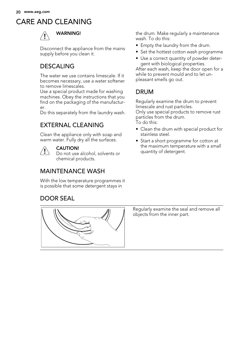 Care and cleaning, Descaling, External cleaning | Maintenance wash, Drum, Door seal | AEG L 75280 FLP User Manual | Page 20 / 36