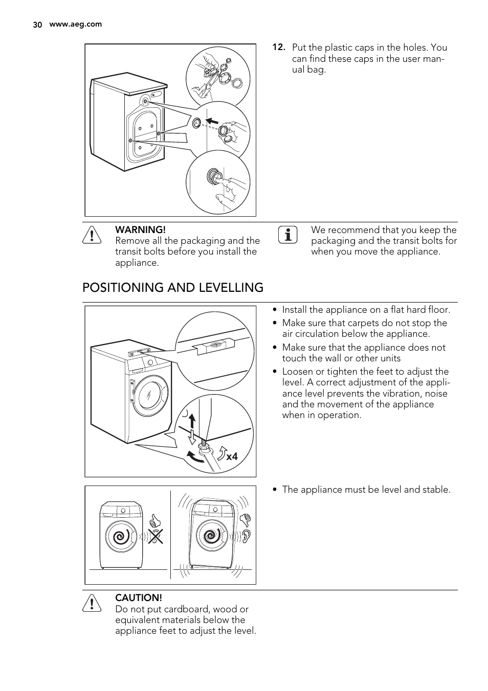 Positioning and levelling | AEG L 75280 FLP User Manual | Page 30 / 36