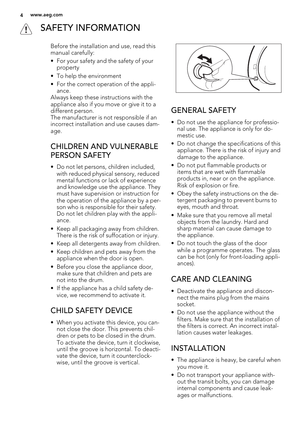 Safety information, Children and vulnerable person safety, Child safety device | General safety, Care and cleaning, Installation | AEG L 75280 FLP User Manual | Page 4 / 36