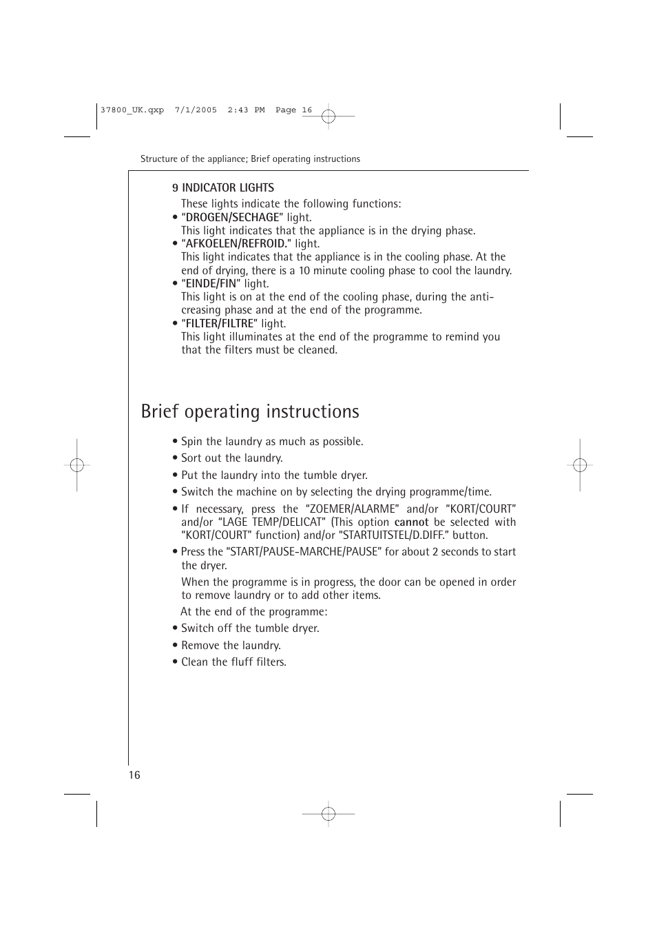 Brief operating instructions | AEG LAVATHERM T37800 User Manual | Page 16 / 29