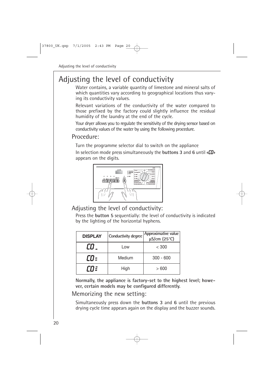Adjusting the level of conductivity, Cc00, Procedure | AEG LAVATHERM T37800 User Manual | Page 20 / 29