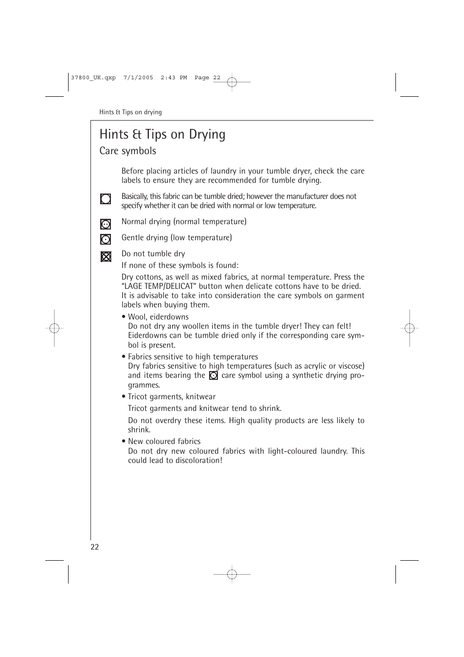 Hints & tips on drying, Care symbols | AEG LAVATHERM T37800 User Manual | Page 22 / 29