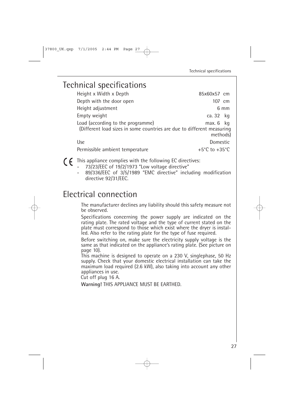 Technical specifications, Electrical connection | AEG LAVATHERM T37800 User Manual | Page 27 / 29