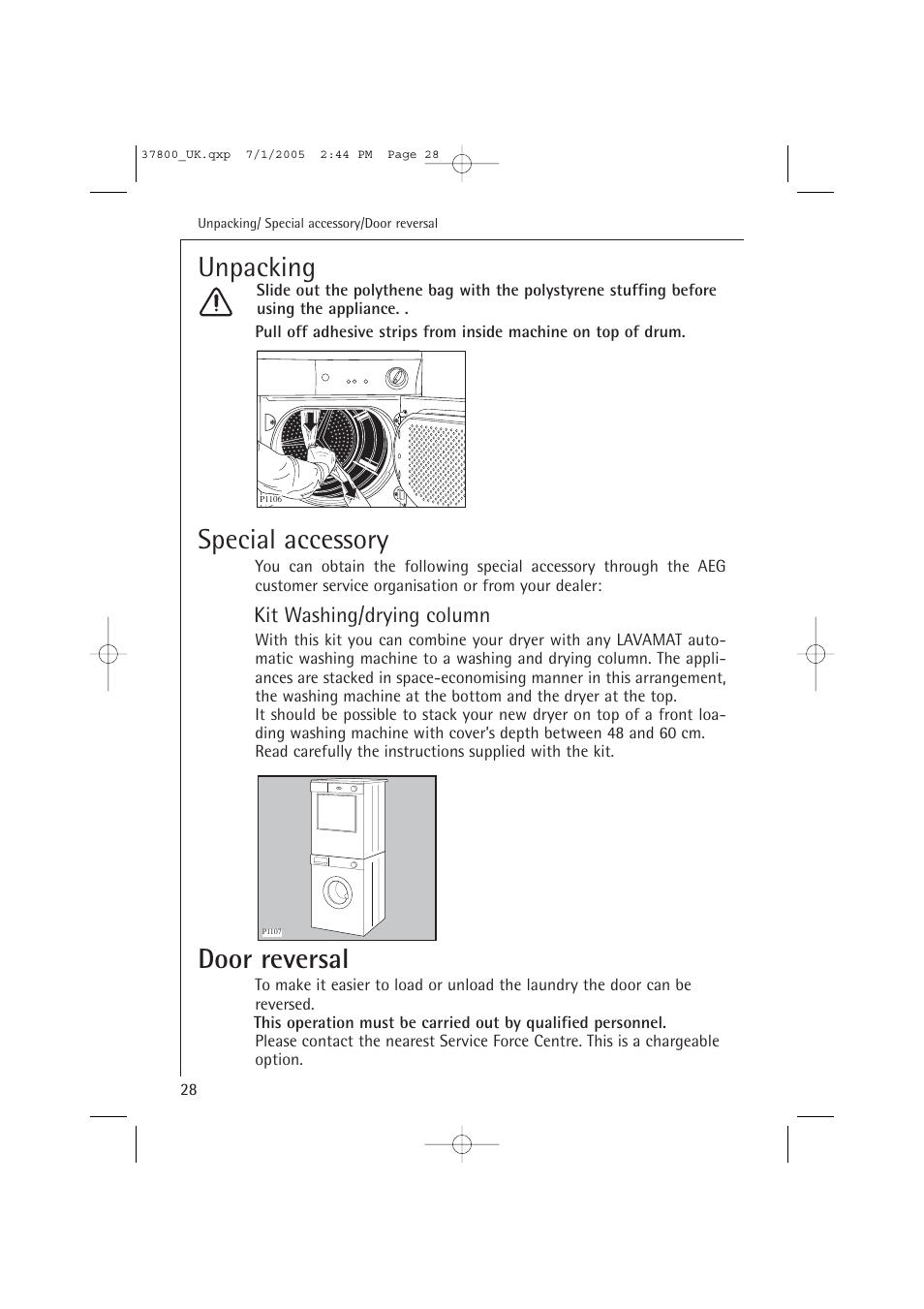 Unpacking, Special accessory, Door reversal | Kit washing/drying column | AEG LAVATHERM T37800 User Manual | Page 28 / 29