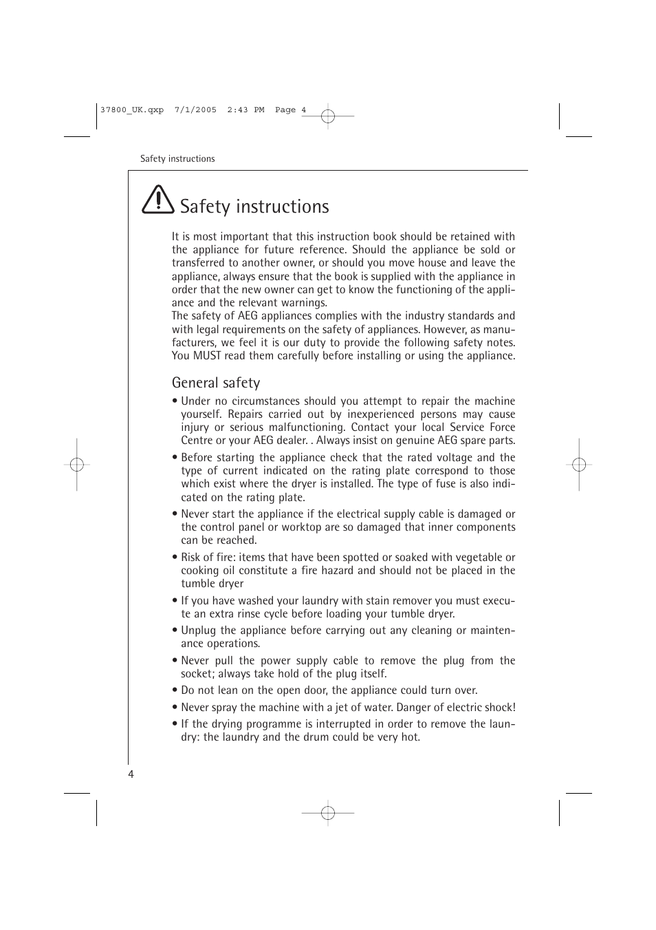 Safety instructions, General safety | AEG LAVATHERM T37800 User Manual | Page 4 / 29