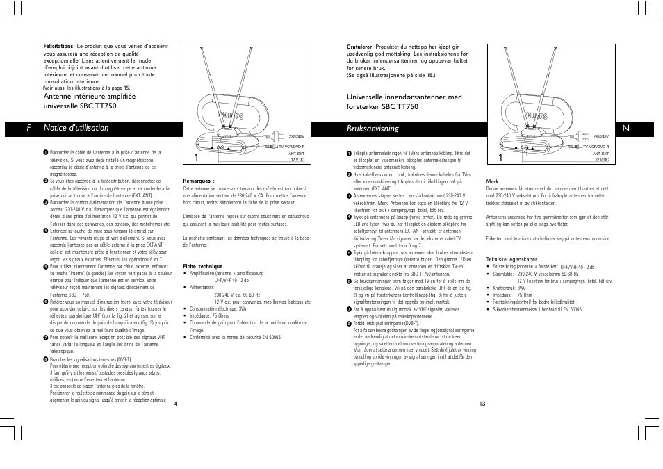 Fnotice d'utilisation, Nbruksanvisning | Philips Antena de televisión User Manual | Page 2 / 7