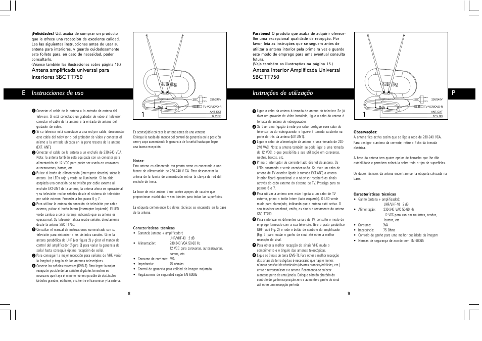 Instrucciones de uso, Plnstruções de utilização | Philips Antena de televisión User Manual | Page 4 / 7