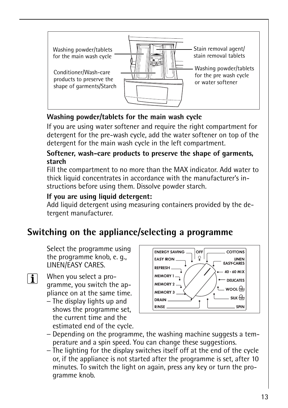 Switching on the appliance/selecting a programme | AEG LAVAMAT 86810 User Manual | Page 13 / 48