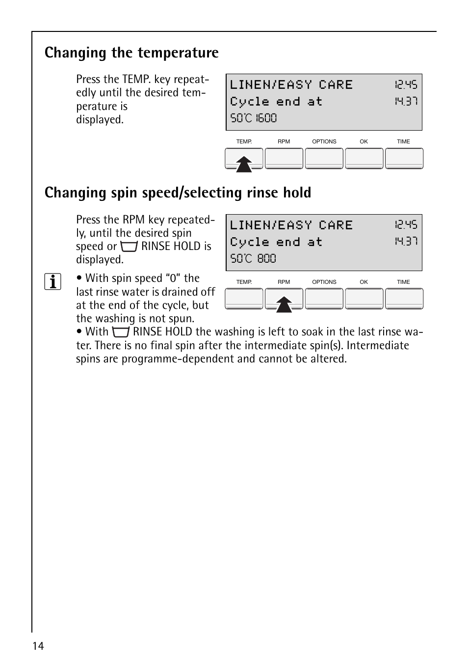 Changing the temperature, Changing spin speed/selecting rinse hold | AEG LAVAMAT 86810 User Manual | Page 14 / 48