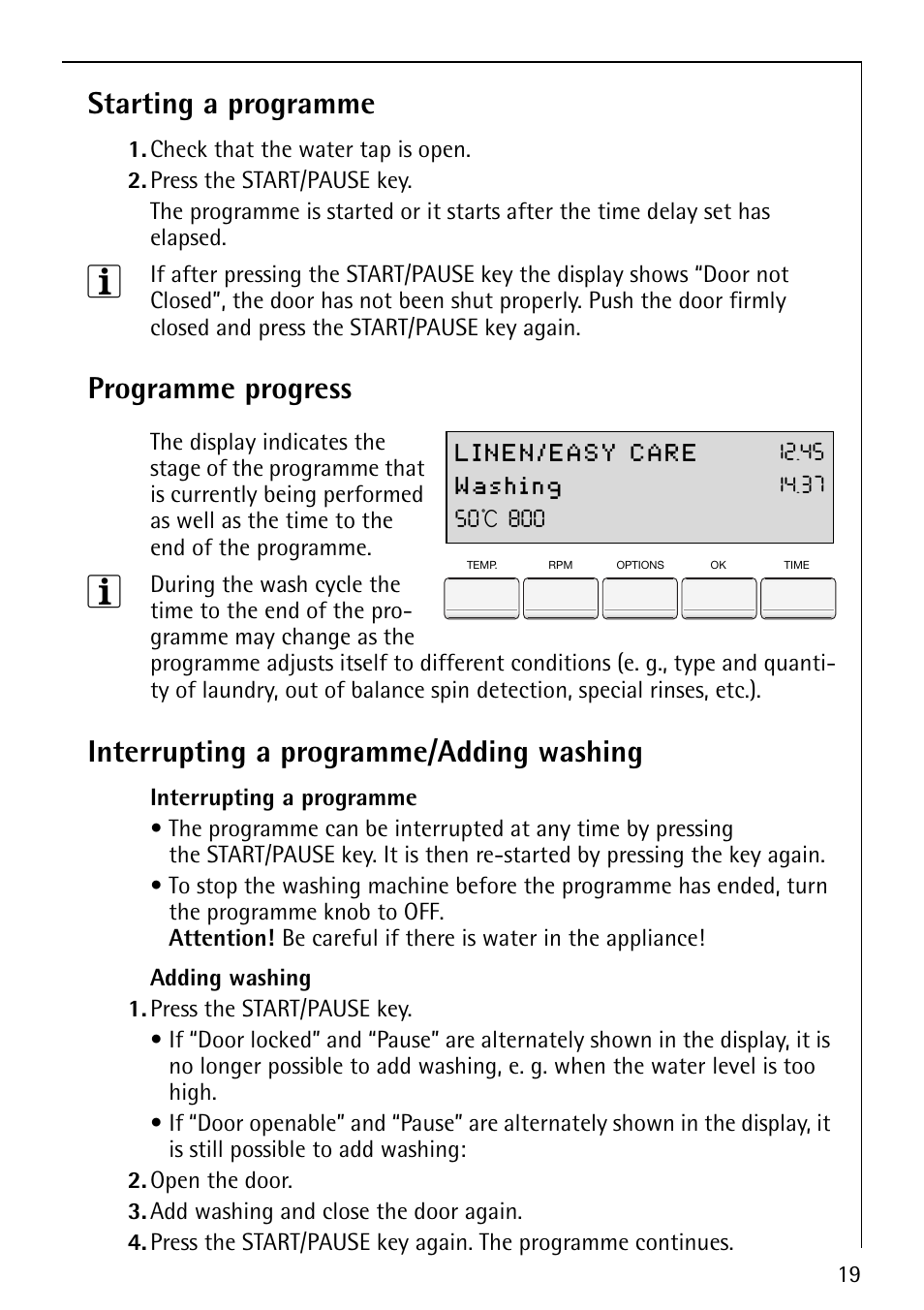 Starting a programme, Programme progress, Interrupting a programme/adding washing | AEG LAVAMAT 86810 User Manual | Page 19 / 48