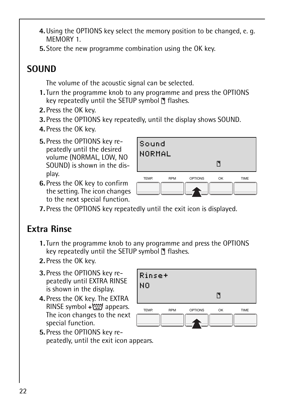 Sound, Extra rinse | AEG LAVAMAT 86810 User Manual | Page 22 / 48