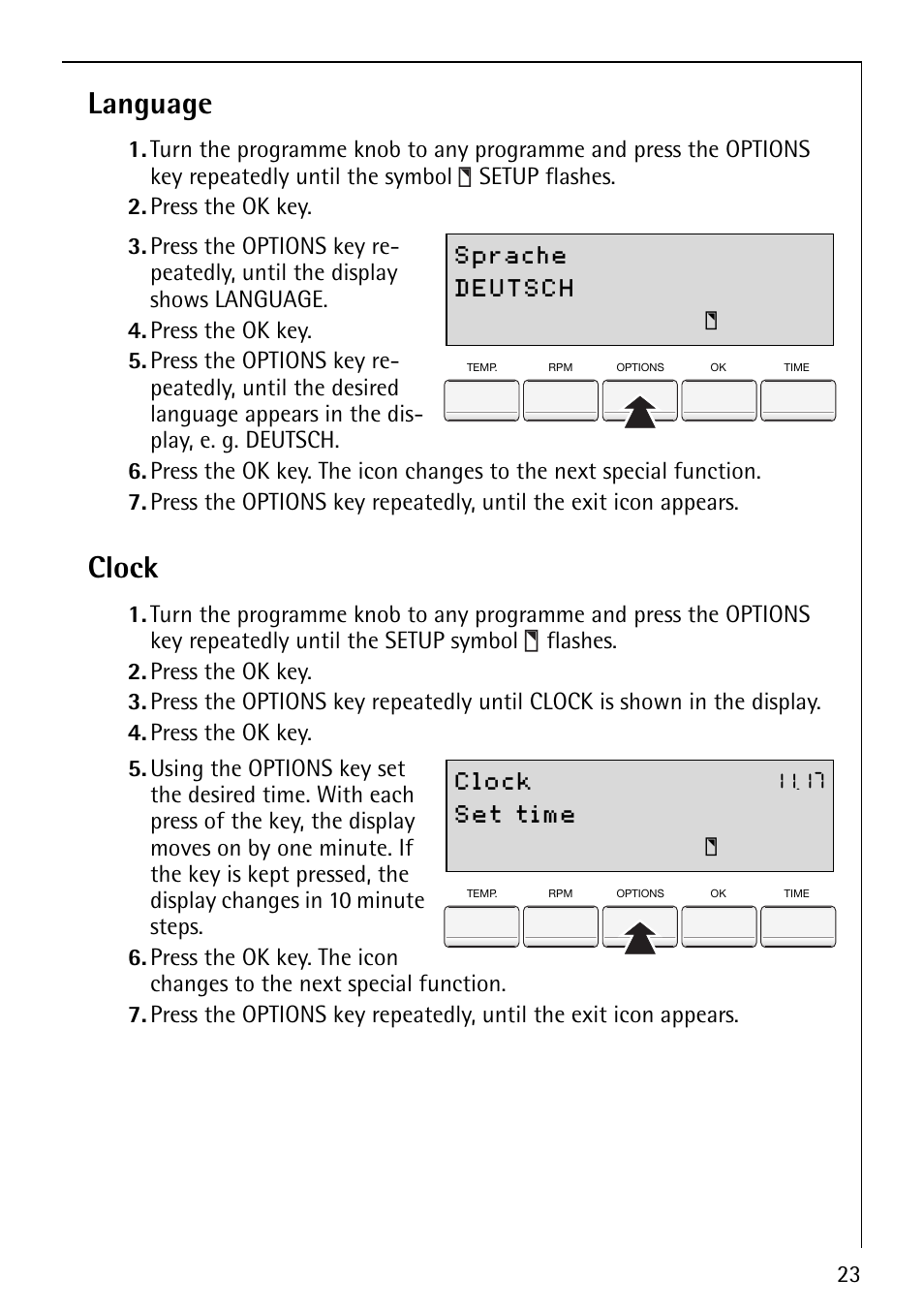 Language, Clock | AEG LAVAMAT 86810 User Manual | Page 23 / 48