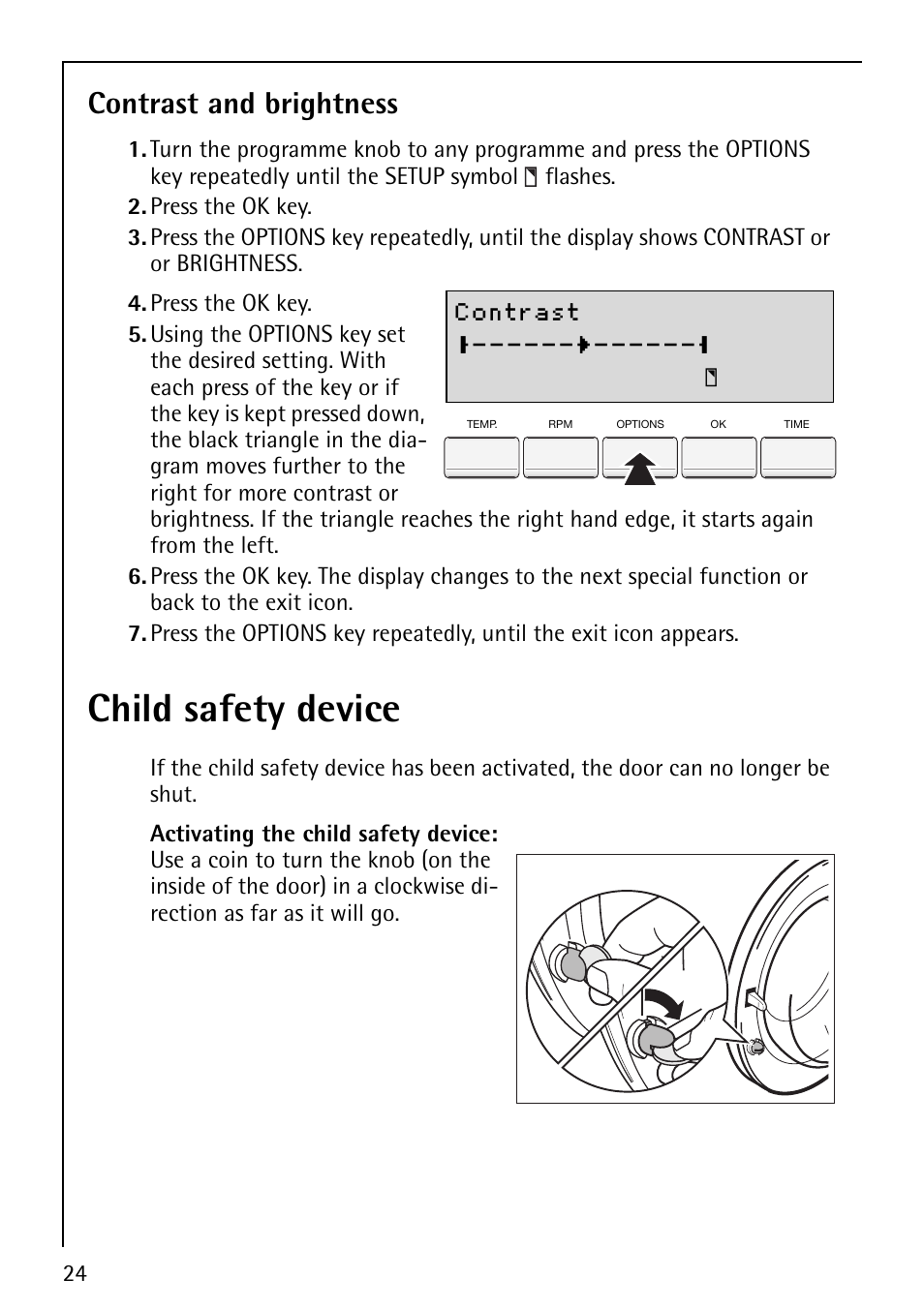 Child safety device, Contrast and brightness | AEG LAVAMAT 86810 User Manual | Page 24 / 48