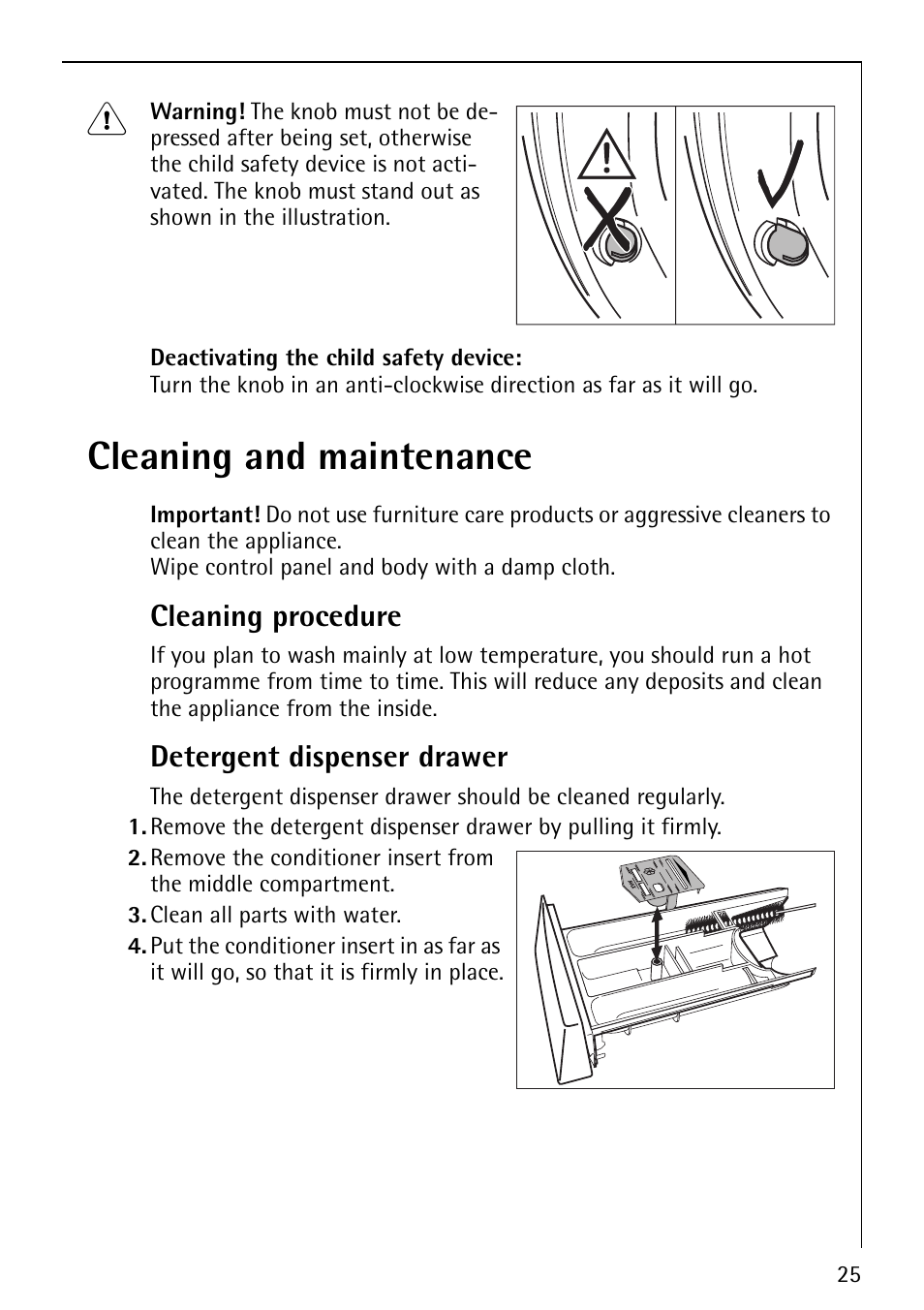 Cleaning and maintenance, Cleaning procedure, Detergent dispenser drawer | AEG LAVAMAT 86810 User Manual | Page 25 / 48