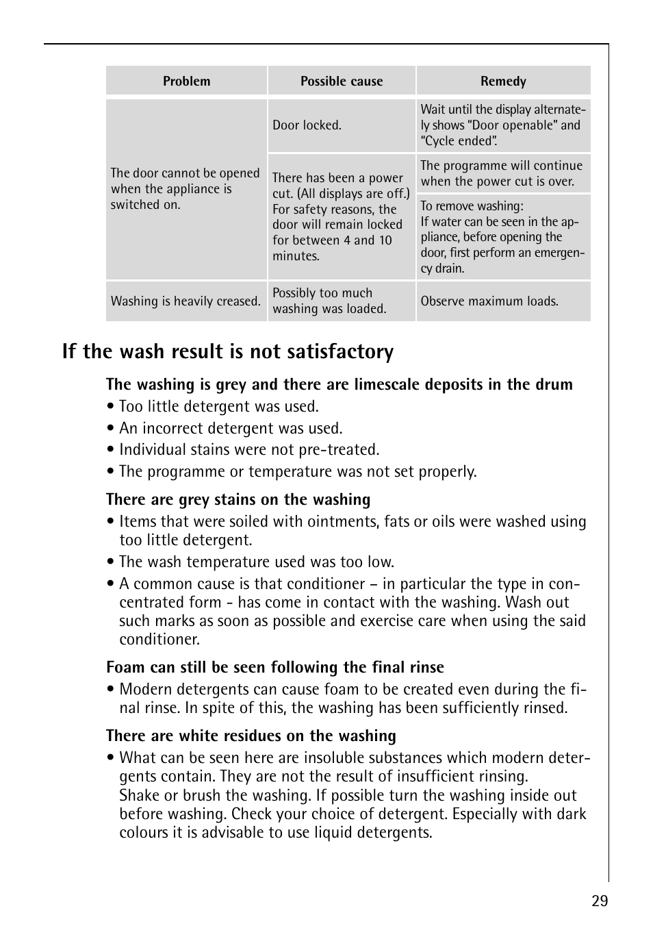 If the wash result is not satisfactory | AEG LAVAMAT 86810 User Manual | Page 29 / 48