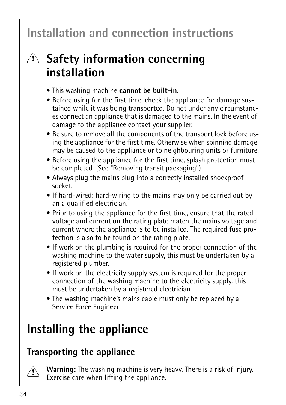 Installing the appliance, Transporting the appliance | AEG LAVAMAT 86810 User Manual | Page 34 / 48