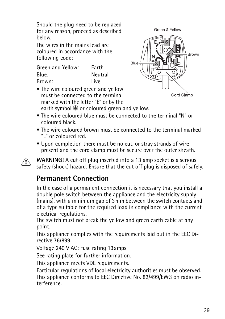 Permanent connection | AEG LAVAMAT 86810 User Manual | Page 39 / 48