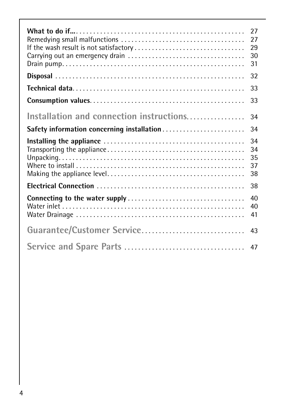 Installation and connection instructions, Guarantee/customer service, Service and spare parts | AEG LAVAMAT 86810 User Manual | Page 4 / 48