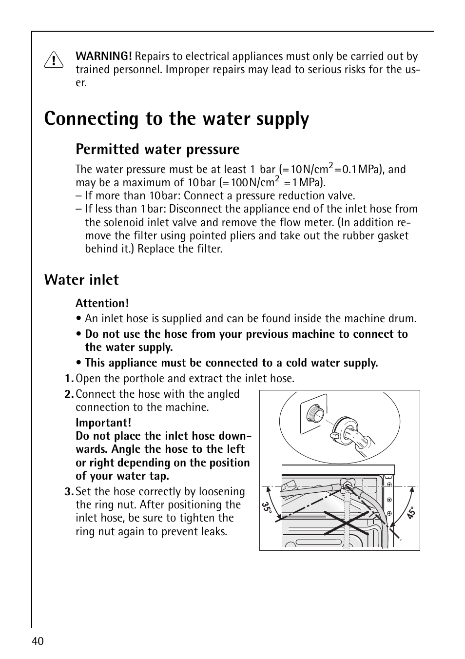 Connecting to the water supply, Permitted water pressure, Water inlet | AEG LAVAMAT 86810 User Manual | Page 40 / 48