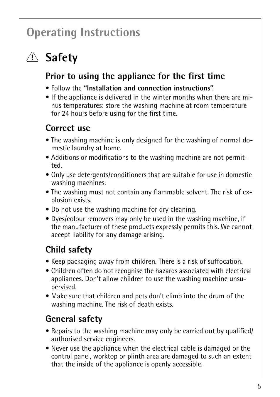 Operating instructions 1 safety, Prior to using the appliance for the first time, Correct use | Child safety, General safety | AEG LAVAMAT 86810 User Manual | Page 5 / 48