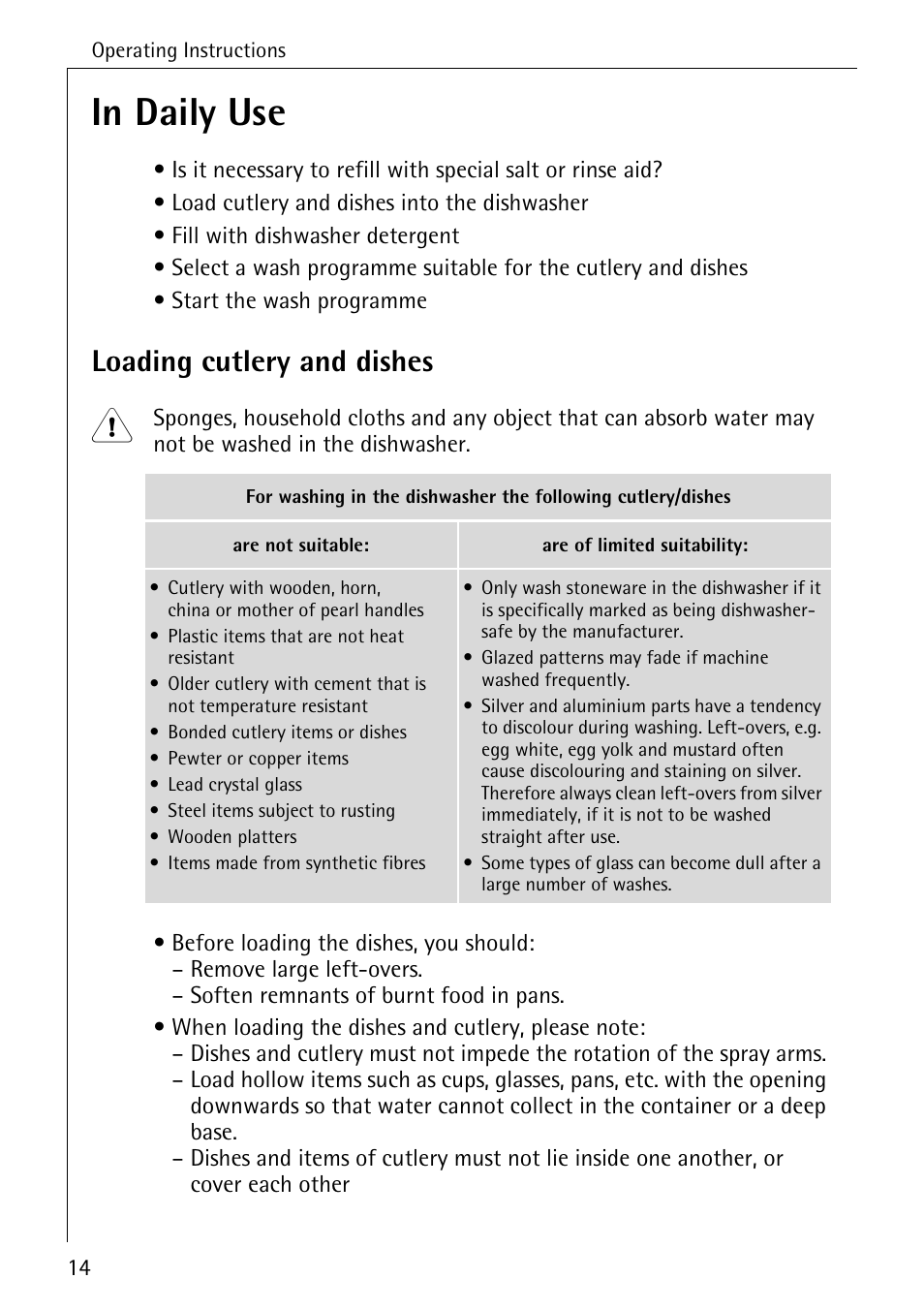 Loading cutlery and dishes | AEG FAVORIT 40260 I User Manual | Page 14 / 40