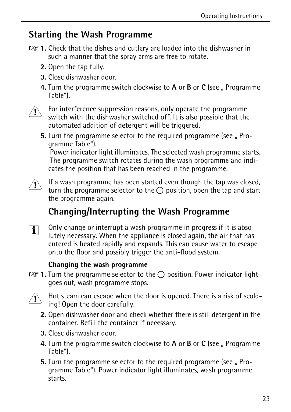 Starting the wash programme, Changing/interrupting the wash programme | AEG FAVORIT 40260 I User Manual | Page 23 / 40