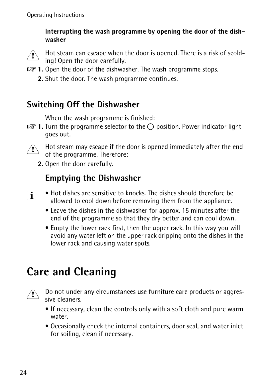 Care and cleaning, Switching off the dishwasher, Emptying the dishwasher | AEG FAVORIT 40260 I User Manual | Page 24 / 40