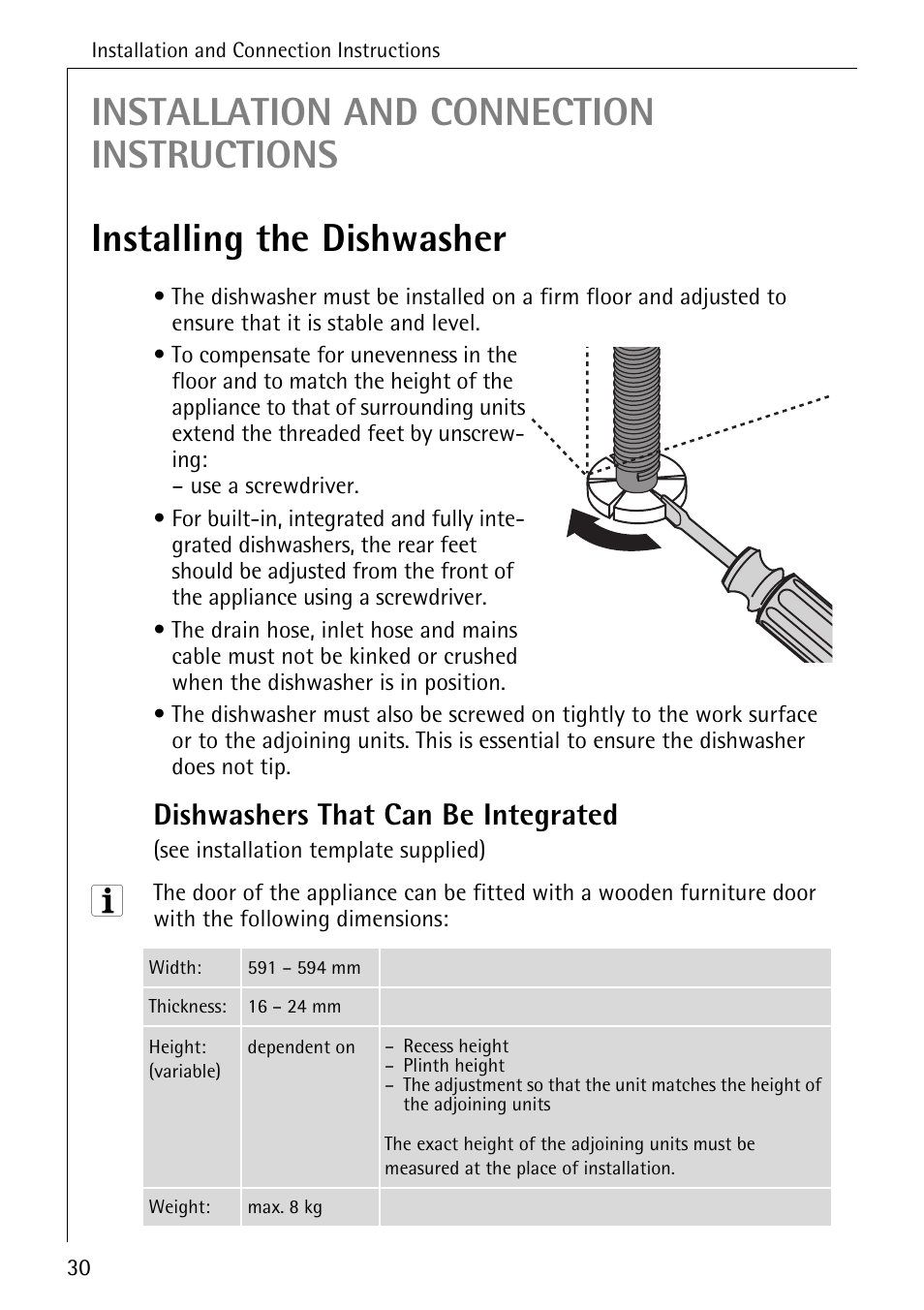 Dishwashers that can be integrated | AEG FAVORIT 40260 I User Manual | Page 30 / 40