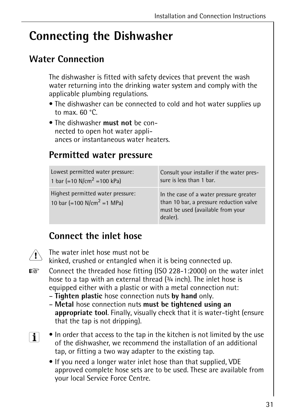 Connecting the dishwasher, Water connection, Permitted water pressure connect the inlet hose | AEG FAVORIT 40260 I User Manual | Page 31 / 40