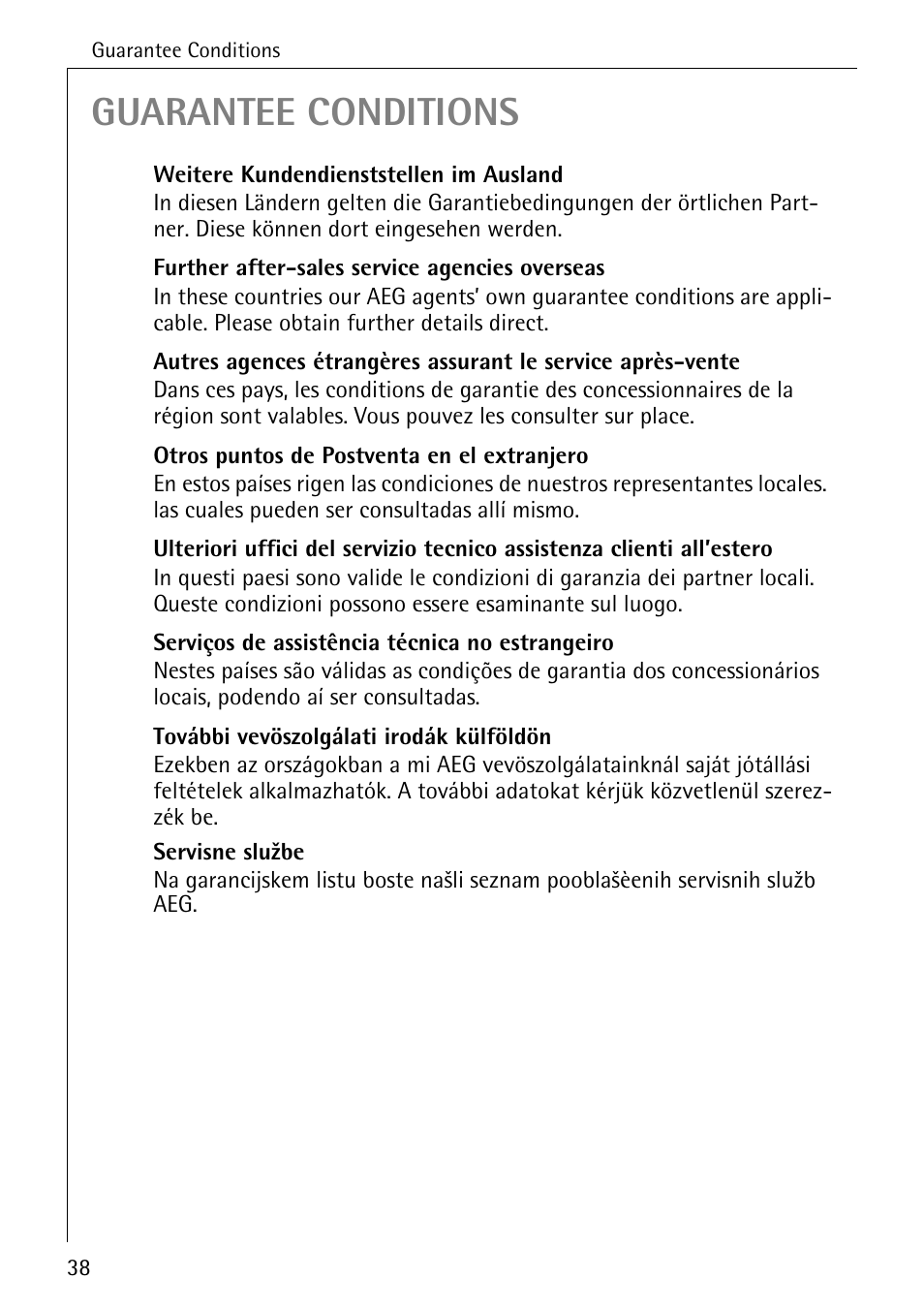 Guarantee conditions | AEG FAVORIT 40260 I User Manual | Page 38 / 40
