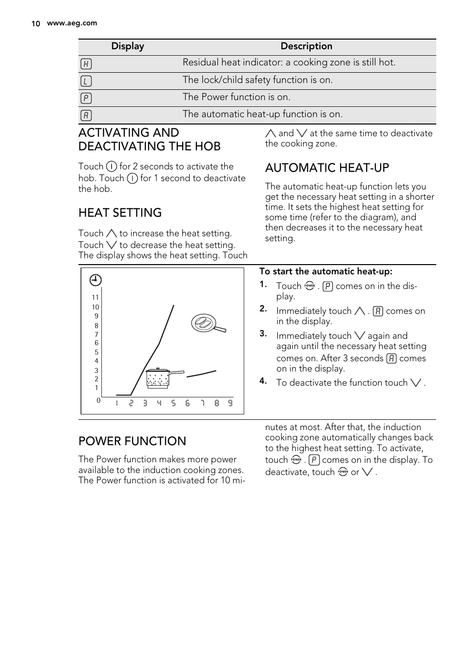 Activating and deactivating the hob, Heat setting, Automatic heat-up | Power function | AEG 49332I-MN User Manual | Page 10 / 44