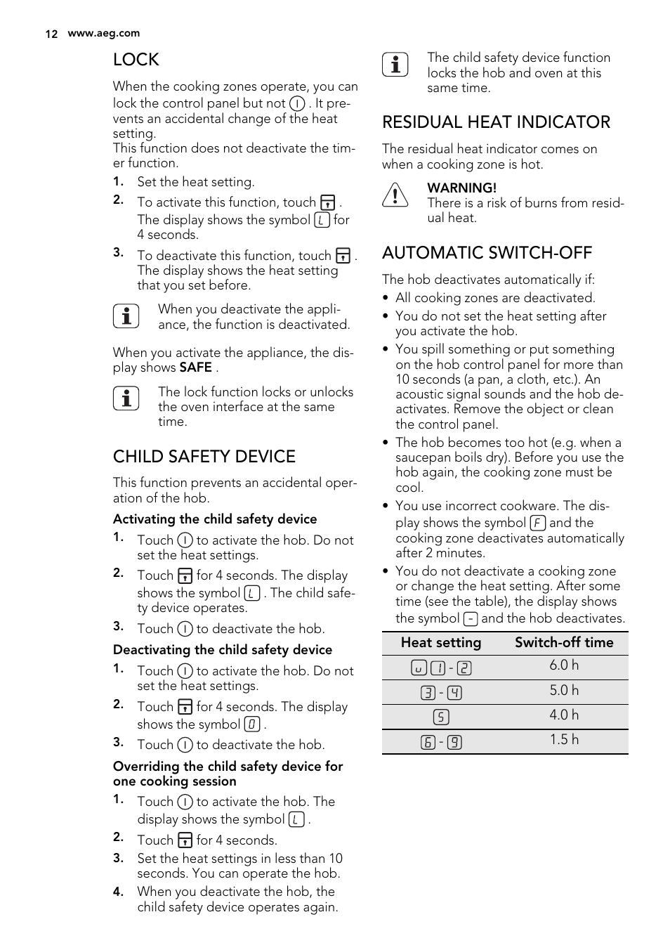 Lock, Child safety device, Residual heat indicator | Automatic switch-off | AEG 49332I-MN User Manual | Page 12 / 44