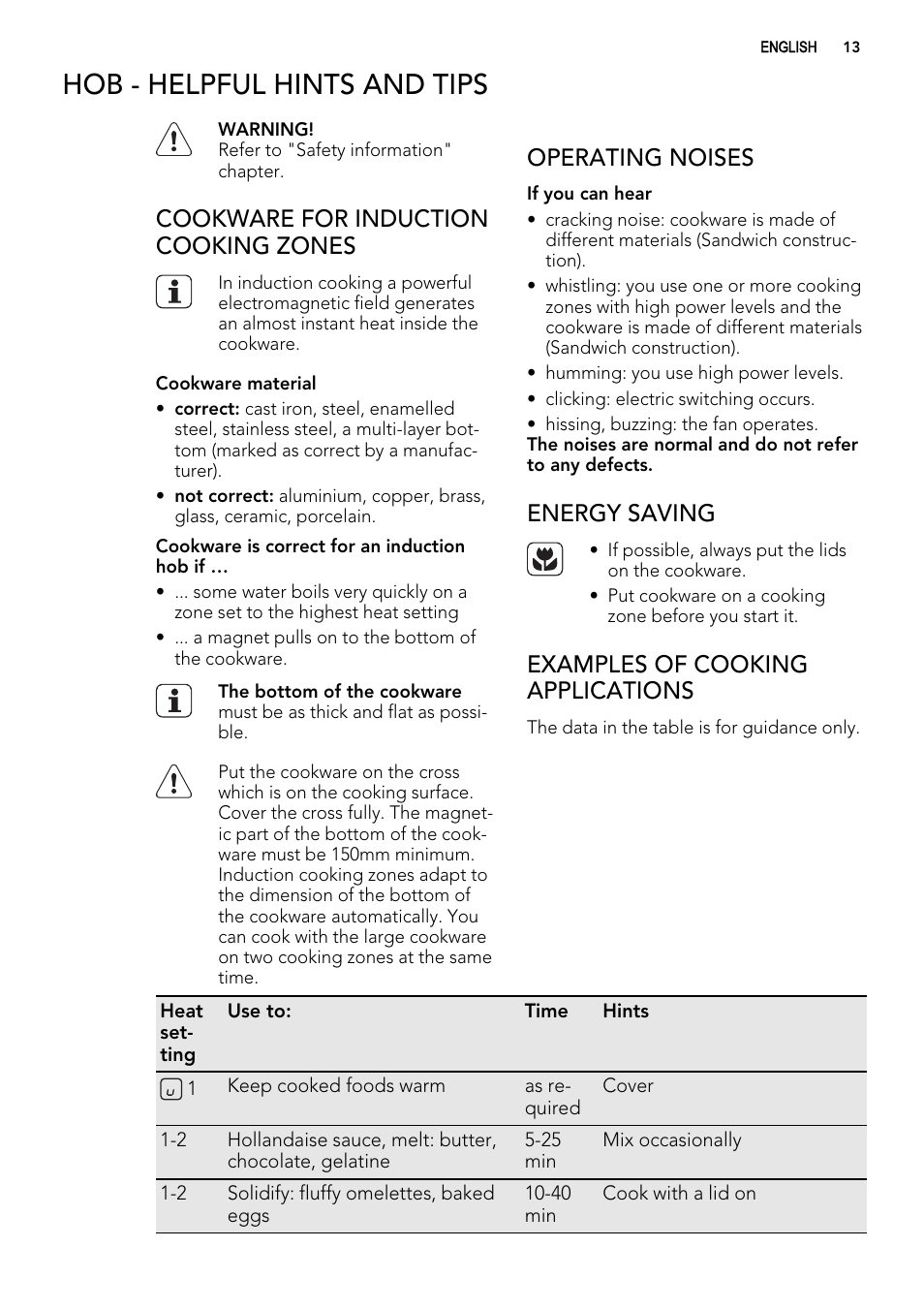 Hob - helpful hints and tips, Cookware for induction cooking zones, Operating noises | Energy saving, Examples of cooking applications | AEG 49332I-MN User Manual | Page 13 / 44