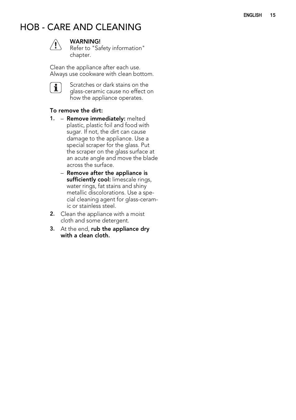 Hob - care and cleaning | AEG 49332I-MN User Manual | Page 15 / 44