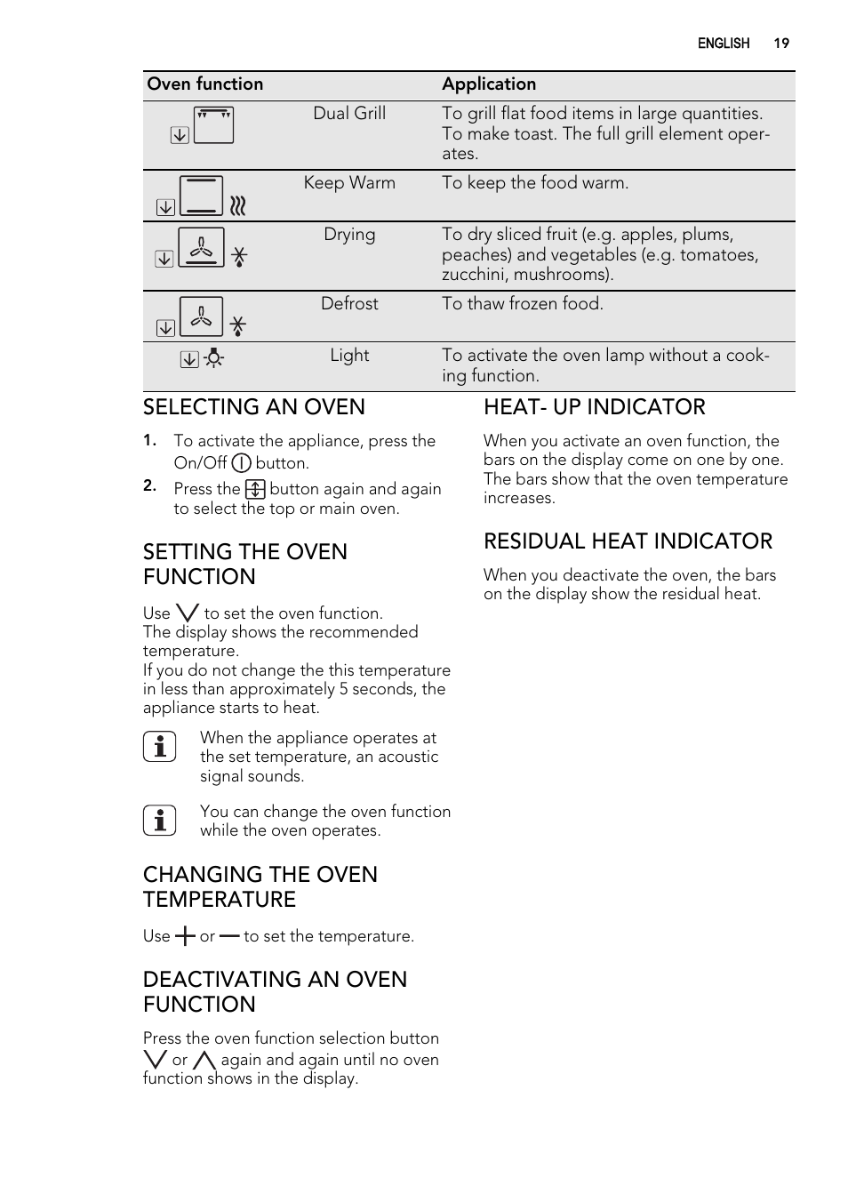 Selecting an oven, Setting the oven function, Changing the oven temperature | Deactivating an oven function, Heat- up indicator, Residual heat indicator | AEG 49332I-MN User Manual | Page 19 / 44