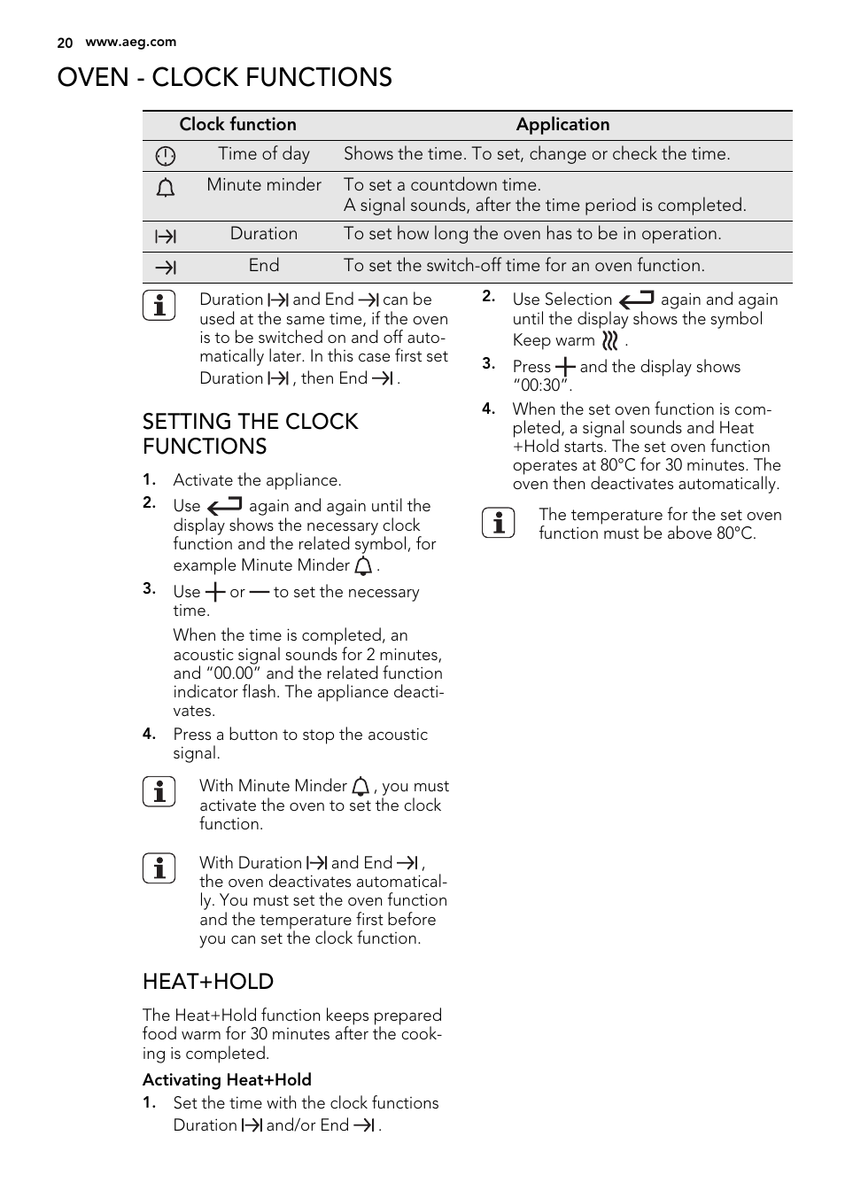 Oven - clock functions, Setting the clock functions, Heat+hold | AEG 49332I-MN User Manual | Page 20 / 44