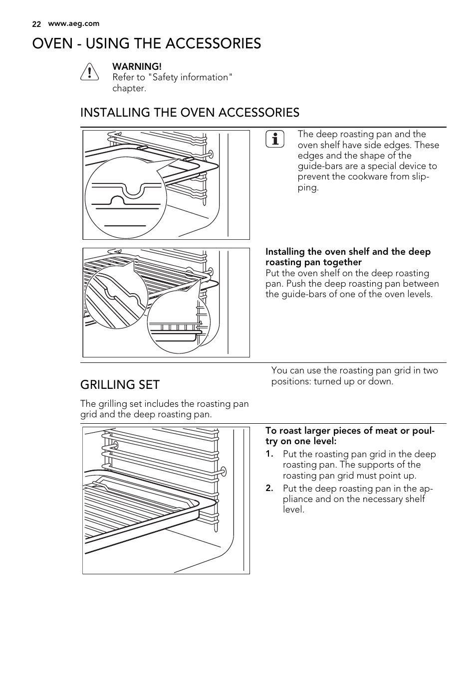 Oven - using the accessories, Installing the oven accessories, Grilling set | AEG 49332I-MN User Manual | Page 22 / 44