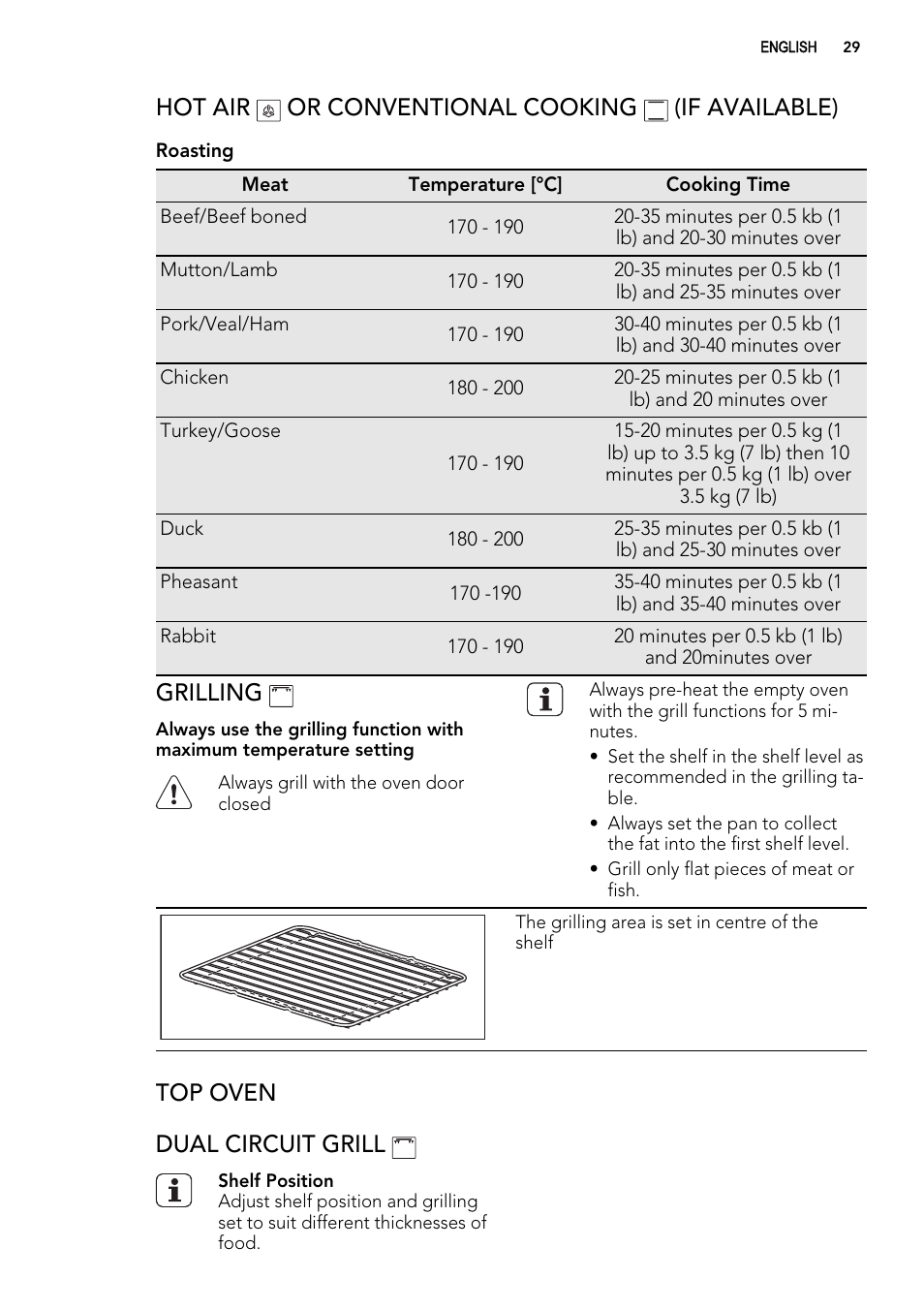 Hot air or conventional cooking (if available), Grilling, Top oven dual circuit grill | AEG 49332I-MN User Manual | Page 29 / 44