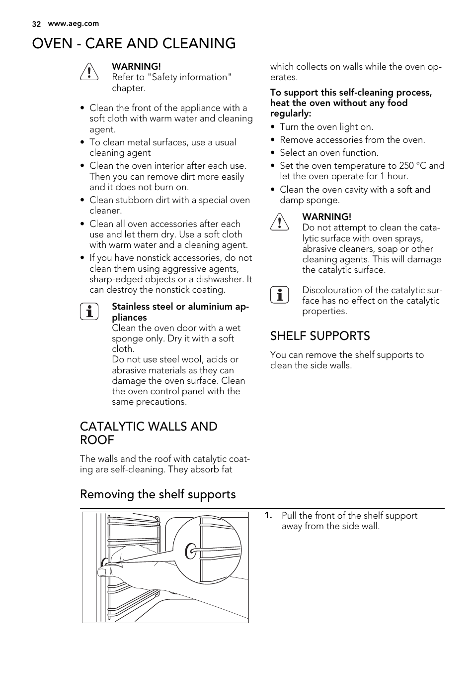 Oven - care and cleaning, Catalytic walls and roof, Shelf supports | Removing the shelf supports | AEG 49332I-MN User Manual | Page 32 / 44