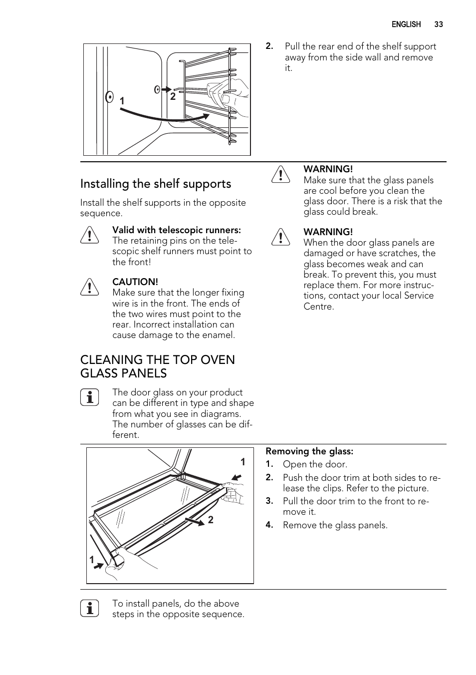 Installing the shelf supports, Cleaning the top oven glass panels | AEG 49332I-MN User Manual | Page 33 / 44