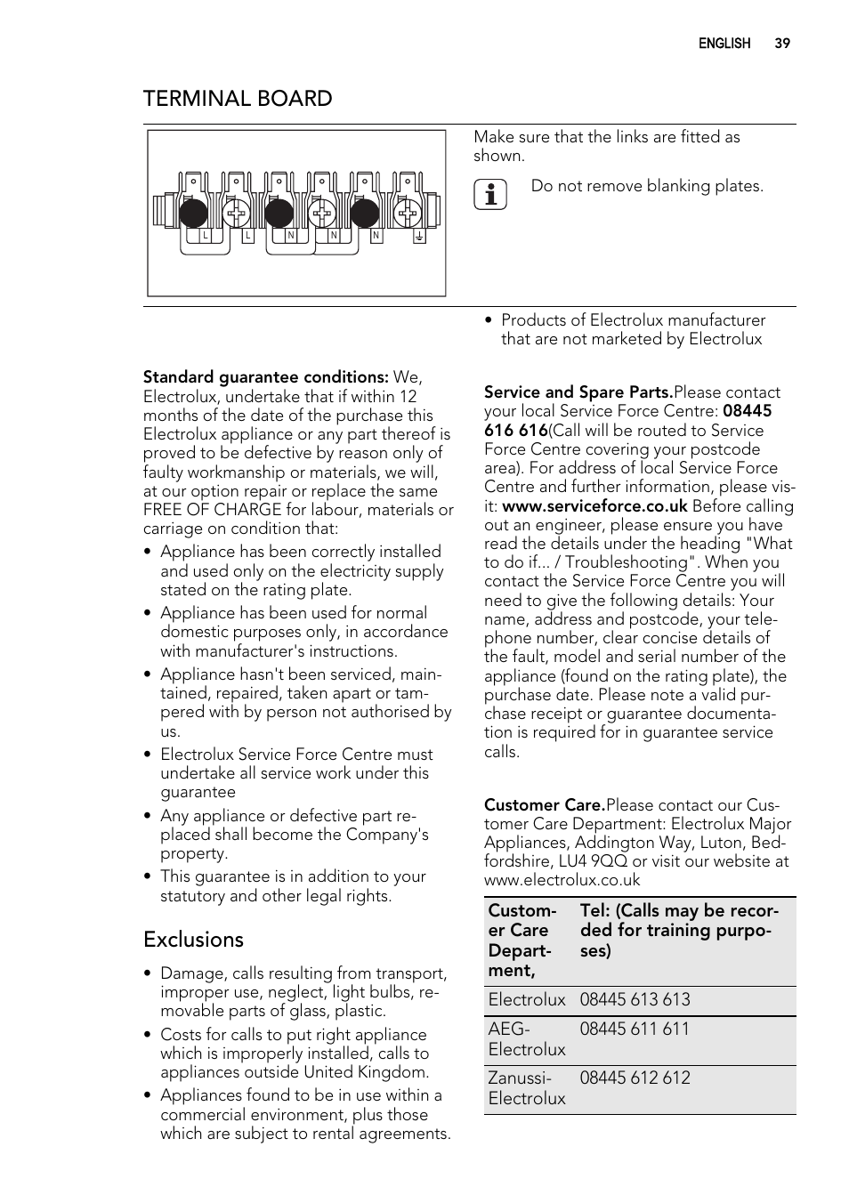 Terminal board, Exclusions | AEG 49332I-MN User Manual | Page 39 / 44