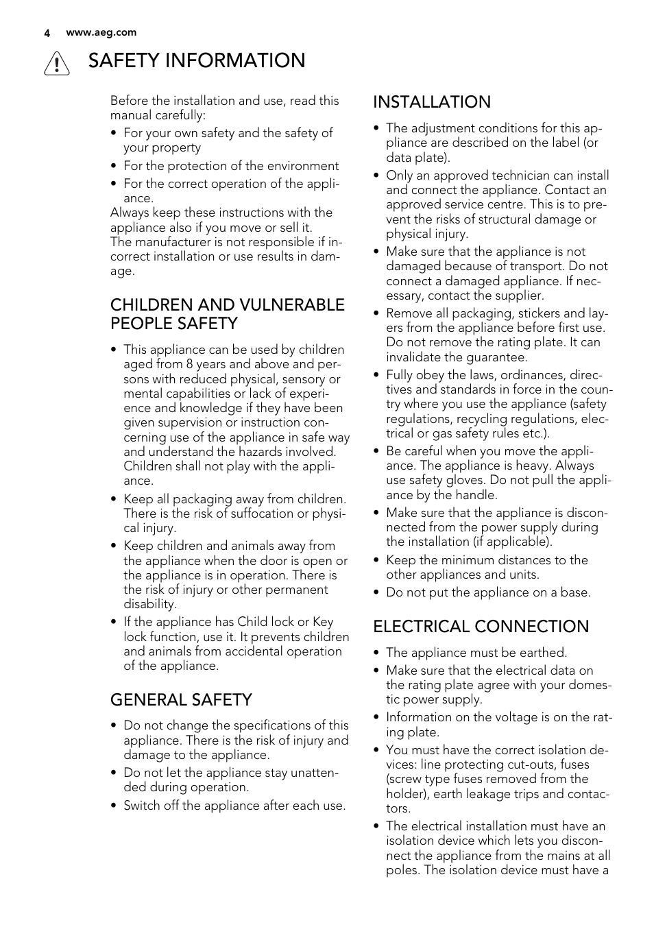 Safety information, Children and vulnerable people safety, General safety | Installation, Electrical connection | AEG 49332I-MN User Manual | Page 4 / 44