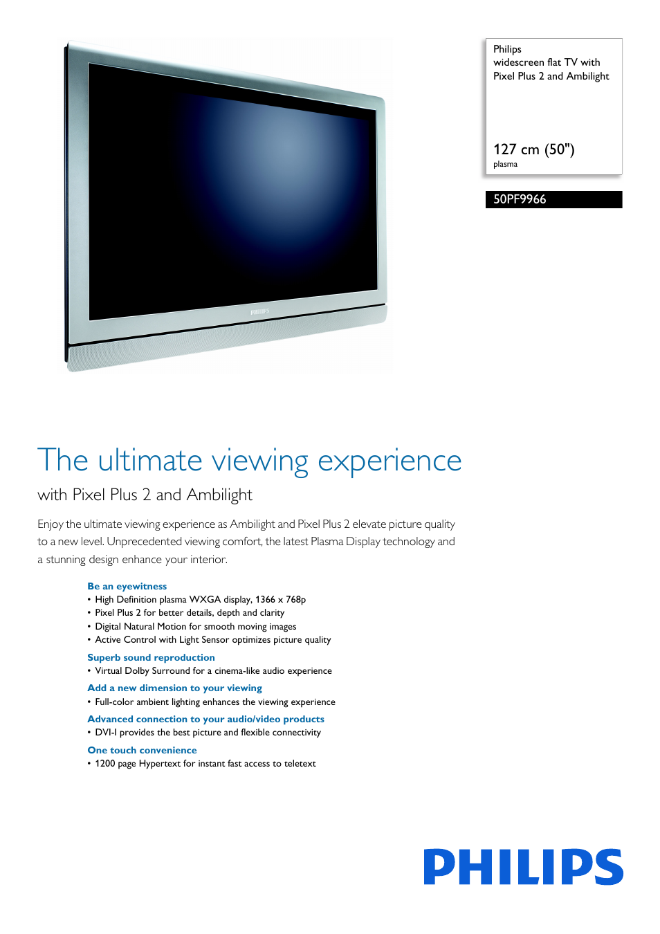 Philips Flat TV panorámico User Manual | 2 pages