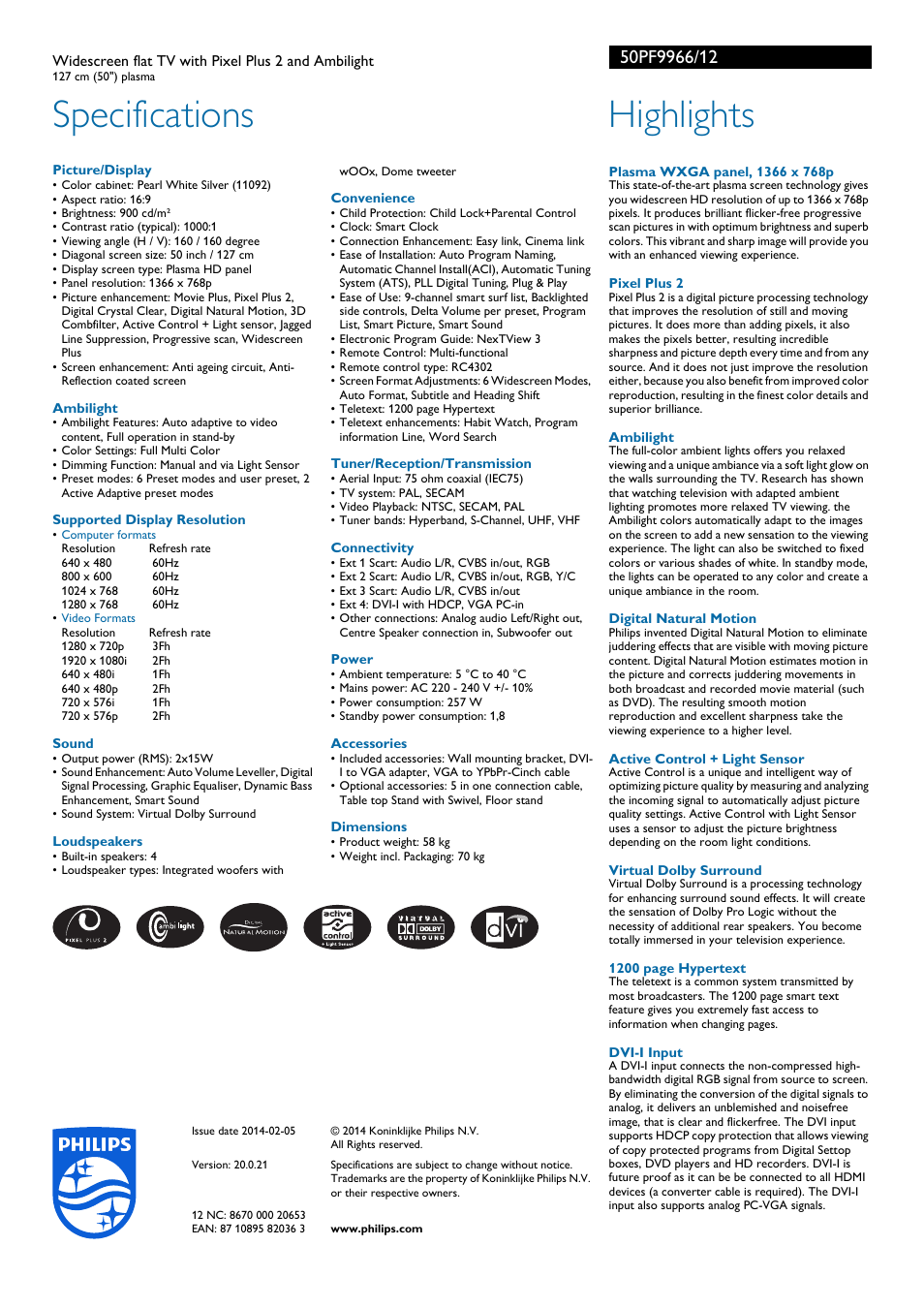 Specifications, Highlights | Philips Flat TV panorámico User Manual | Page 2 / 2