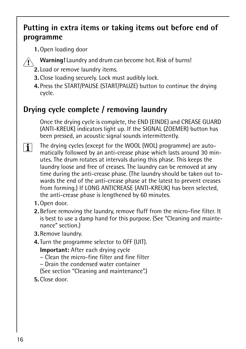 Drying cycle complete / removing laundry | AEG LAVATHERM 59800 User Manual | Page 16 / 36